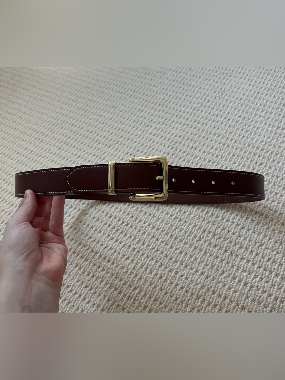 MANGO Leather Belt in Dark Brown with Gold Buckle